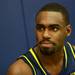 Michigan junior Tim Hardaway Jr. looks up at a reporter during media day at the Player Development Center on Wednesday. Melanie Maxwell I AnnArbor.com
